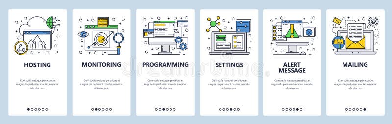 Экраны вебсайта onboarding Компьютер и интернет-обслуживания, кодируя Шаблон знамени вектора меню для вебсайта и черни иллюстрация вектора Экраны вебсайта onboarding Компьютер и интернет-обслуживания, кодируя Шаблон знамени вектора меню для вебсайта и черни иллюстрация вектора