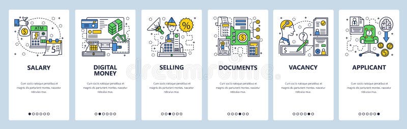 Экраны вебсайта onboarding Расчетный день, онлайн цифровые деньги, чековая книжка, предложение о работе Шаблон знамени вектора ме иллюстрация вектора Экраны вебсайта onboarding Расчетный день, онлайн цифровые деньги, чековая книжка, предложение о работе Шаблон знамени вектора ме иллюстрация вектора