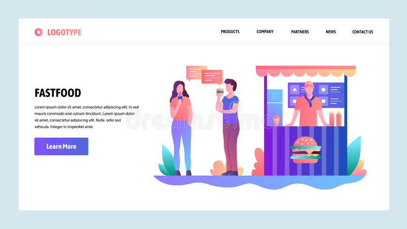 Экраны вебсайта onboarding Стойл фаст-фуда Люди едят обед на улице Шаблон знамени вектора меню для вебсайта и иллюстрация штока Экраны вебсайта onboarding Стойл фаст-фуда Люди едят обед на улице Шаблон знамени вектора меню для вебсайта и иллюстрация штока