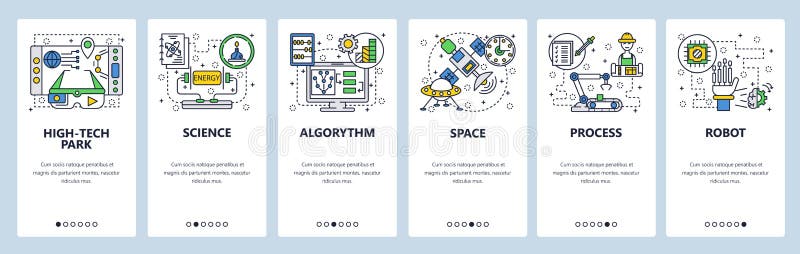 Экраны вебсайта onboarding Технология, промышленный робот, наука и космическое пространство Шаблон знамени вектора меню для иллюстрация вектора