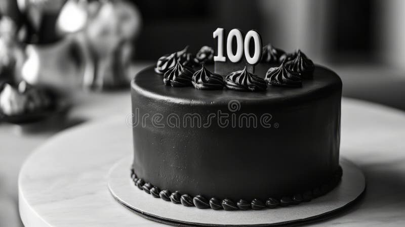 Элегантно декорированный черный торт со 100 топером. стоковые фотографии rf
