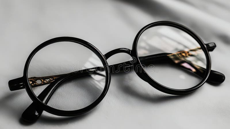 Элегантные черные круглые очки, расположенные на белой поверхности с мягкими световыми отражениями иллюстрация вектора