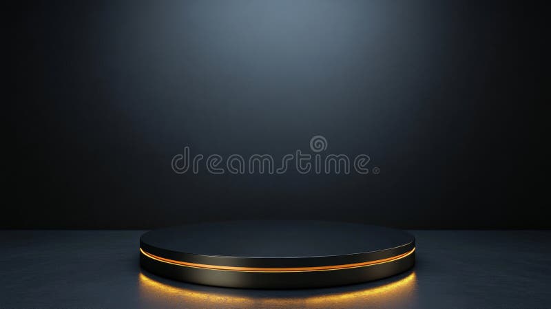 элегантный 3d подиум с гладкой черной платформой и золотистыми краями, размещенный на мягком сером градиенте стоковая фотография rf