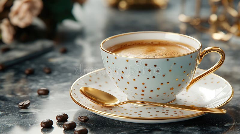 Элегантный кофе опыт с золотой чашкой и блюдце на мраморном столе AI Создано бесплатная иллюстрация