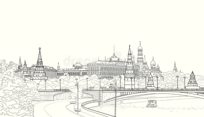 Sketch of Moscow cityscape with landmarks, Kremlin, churches and President palace. Sketch of Moscow cityscape with landmarks, Kremlin, churches and President palace.