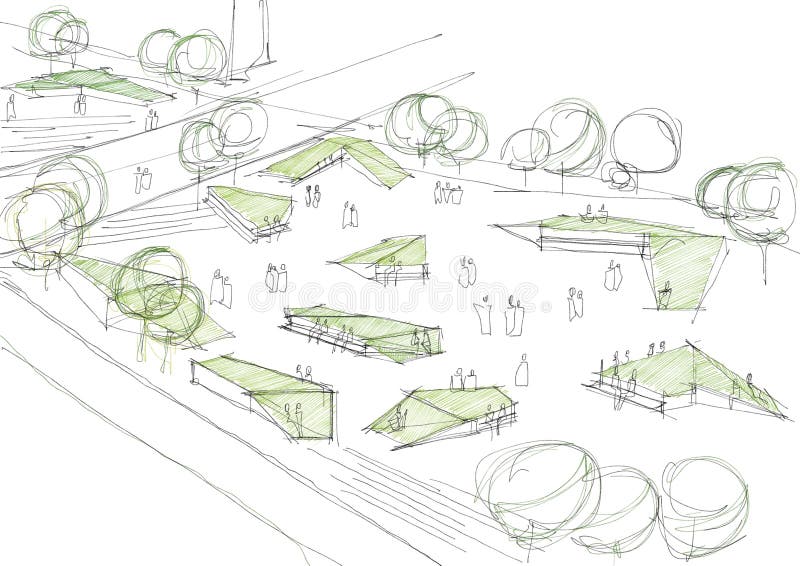 Public Park View With People Architectural Sketch Illustration. Public Park View With People Architectural Sketch Illustration