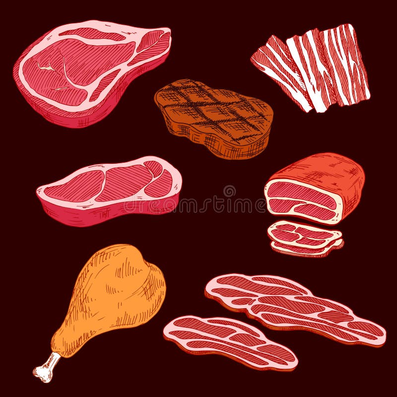 Эскиз отрезанных мясных продуктов иллюстрация вектора Эскиз отрезанных мясных продуктов иллюстрация вектора