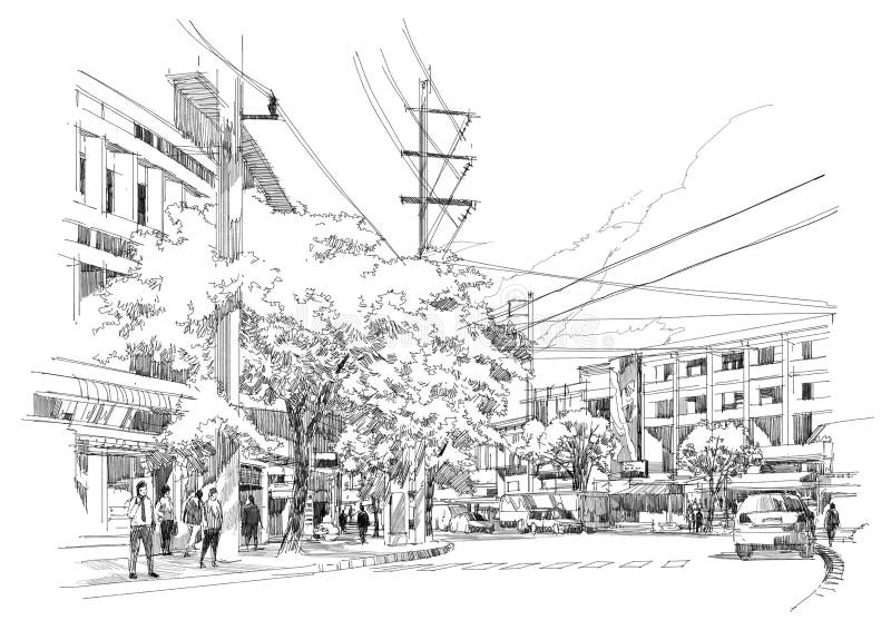 Sketch drawing of city street.Illustration. Sketch drawing of city street.Illustration.