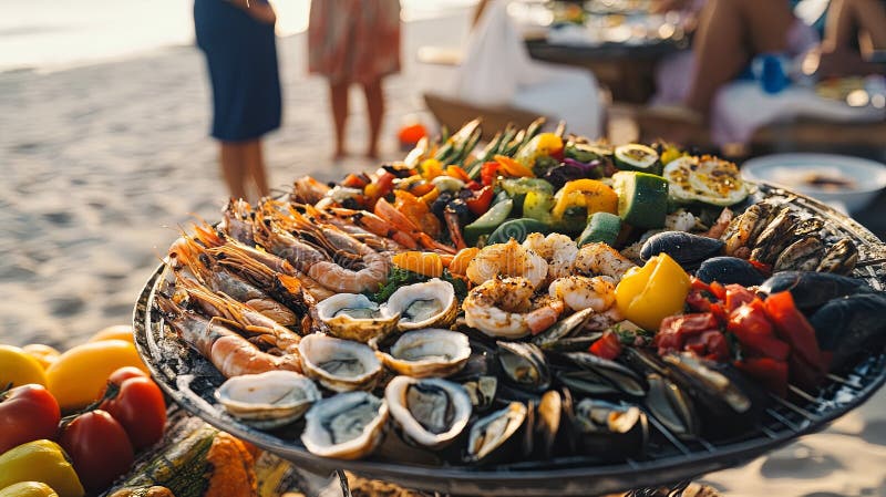 это яркий блюдо из морепродуктов на гриле и свежих овощей стоковое фото rf