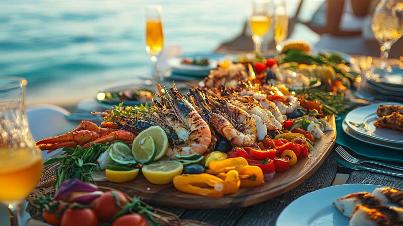 это яркий блюдо из морепродуктов на гриле и свежих овощей стоковые изображения rf
