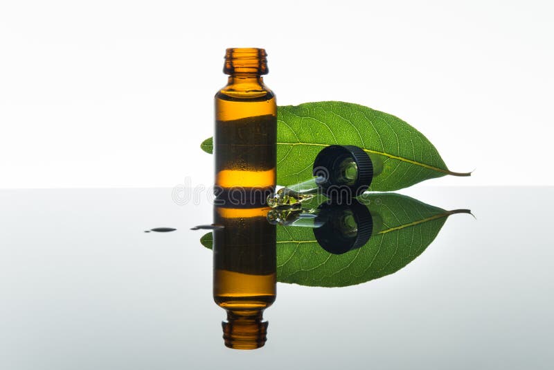 Still life photograph featuring bay essential oil with amber bottle and dropper with bay leaves. Still life photograph featuring bay essential oil with amber bottle and dropper with bay leaves