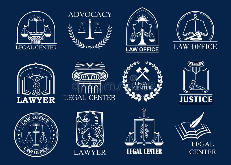 Law firm, legal center and lawyer office badge set. Justice heraldic symbols with scales, sword, law book and judge mallet, framed by laurel wreath and shield. Advocacy, attorney services design. Law firm, legal center and lawyer office badge set. Justice heraldic symbols with scales, sword, law book and judge mallet, framed by laurel wreath and shield. Advocacy, attorney services design