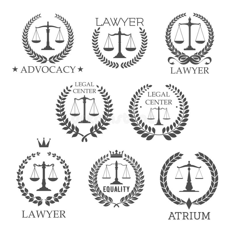 Scales of justice in laurel wreath frames retro symbols for lawyer service, law office, legal center, advocacy design templates, adorned by stars, crowns and ribbon bow design elements. Scales of justice in laurel wreath frames retro symbols for lawyer service, law office, legal center, advocacy design templates, adorned by stars, crowns and ribbon bow design elements