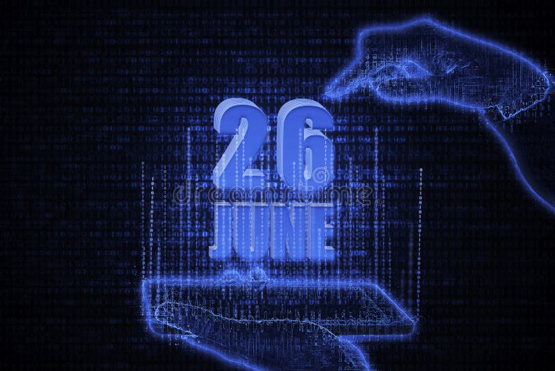 26-я июня. рука, держащая телефон с календарным датом на фьютуристическом неоновом голубом фоне. день 26 месяца. бесплатная иллюстрация