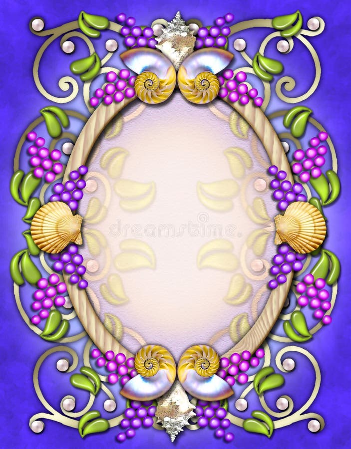 An elaborate oval shaped frame accented with seashells, berries & pearls. An elaborate oval shaped frame accented with seashells, berries & pearls