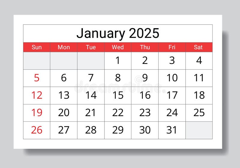 2025 январь. векторная коллекция календарей английской страницы. дизайн с воскресенья иллюстрация штока