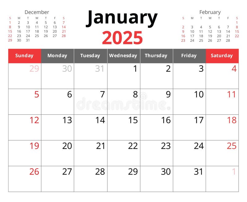 2025 январь. векторные календари. Воскресное начало иллюстрация вектора