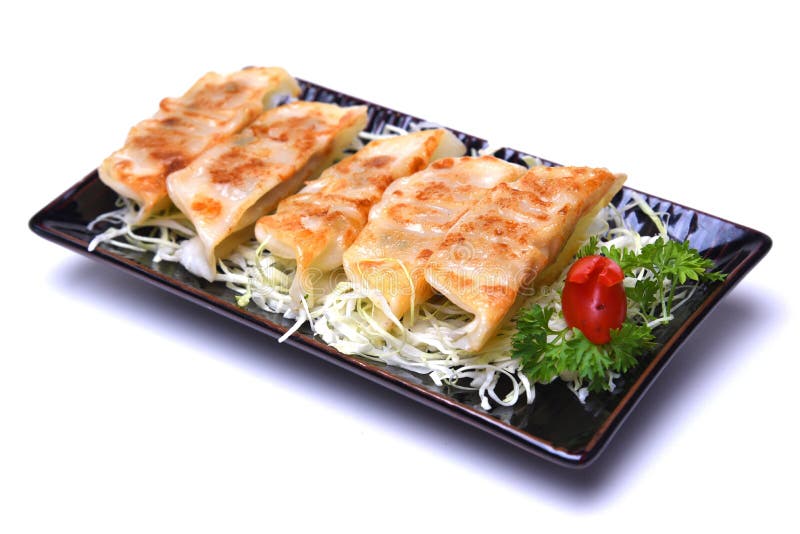 Японским вареники зажаренные лотком, Gyoza изолировали на белом backgroun стоковые изображения rf Японским вареники зажаренные лотком, Gyoza изолировали на белом backgroun стоковые изображения rf