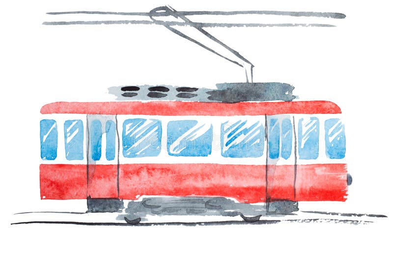 Bright Watercolor Illustration of Traditional Public Tram. Hand Drawn Image of Transport Isolated on White Background. Bright Watercolor Illustration of Traditional Public Tram. Hand Drawn Image of Transport Isolated on White Background.