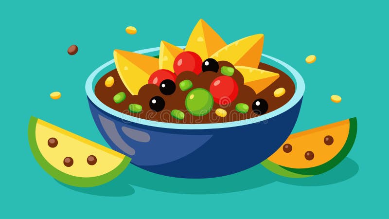 Яркая миска из домашней черной фасоли и кукурузной сальсы идеально сбалансирована с помидорами колокольный перец и прикосновение л иллюстрация вектора