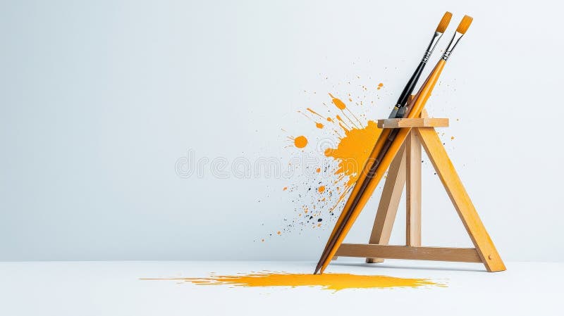 Яркая художественная композиция с мольбертом и яркими оранжевыми брызгами краски на белом фоне бесплатная иллюстрация