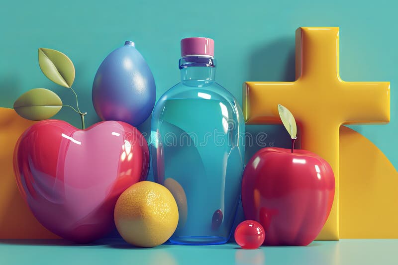 яркие 3d значки здоровья, установленные на теплом фоне яркое яблочное сердце и крест бесплатная иллюстрация