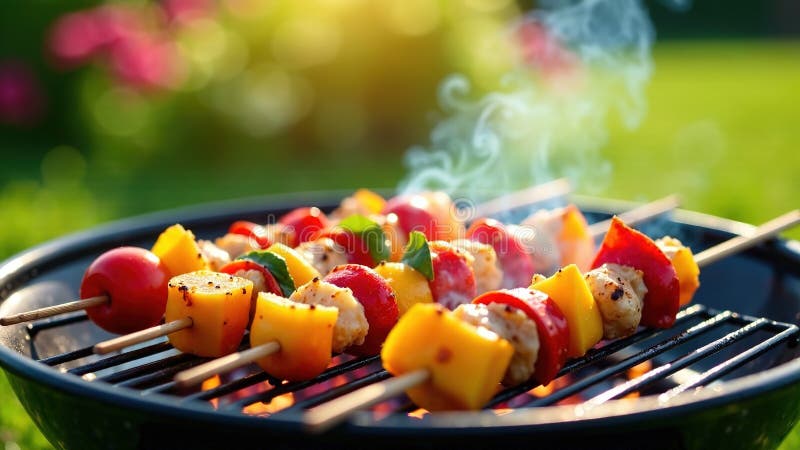 яркие летние bbq скивы вкусные гурман-садик праздник питания фотография с гриль овощи и мясо иллюстрация вектора