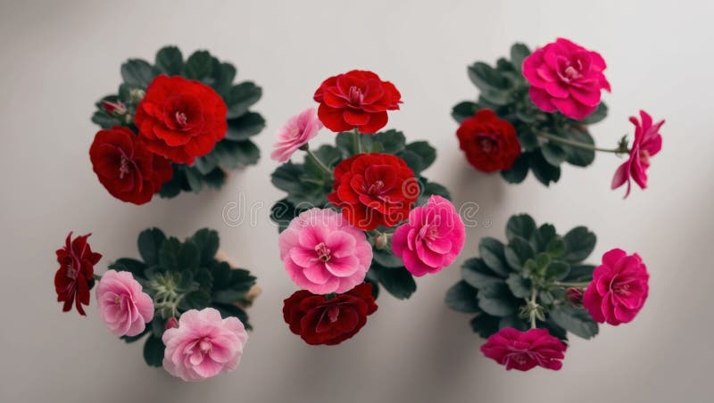яркий красный и розовый geraniums над головой вид цветущих цветов. иллюстрация штока