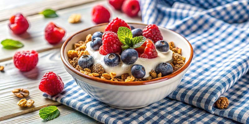 Яркий летний завтрак Вкусный Granola Parfait с Raspberries Blueberries и йогурт в керамической миске A бесплатная иллюстрация