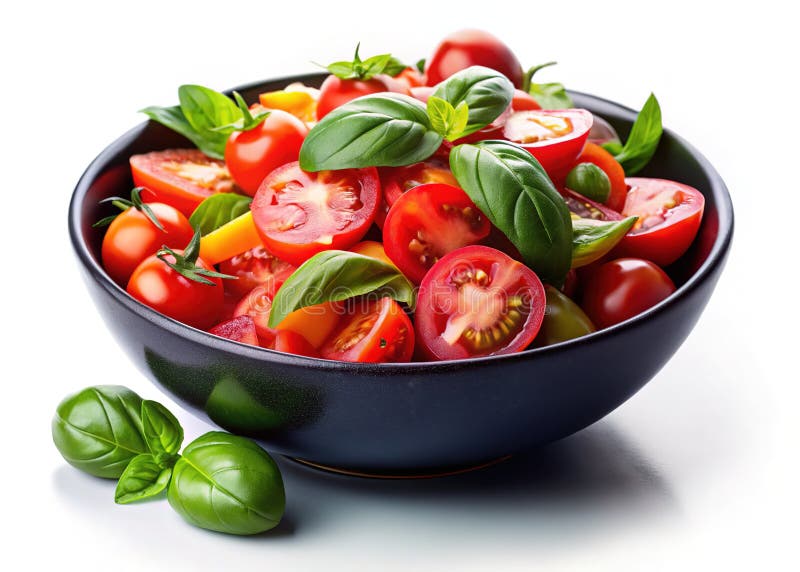 Яркий летний томатный салат в шикарной черной миске Вдохновение вкусный и здоровый рецепт для вашего следующего бесплатная иллюстрация