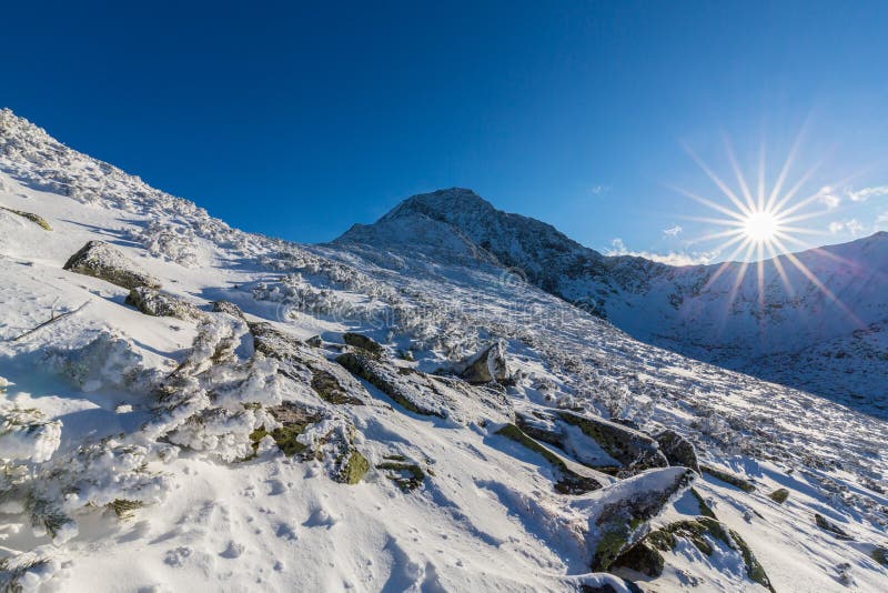Яркий пейзаж зимы в горах, при заморозок и утесы покрытые с свежим ...