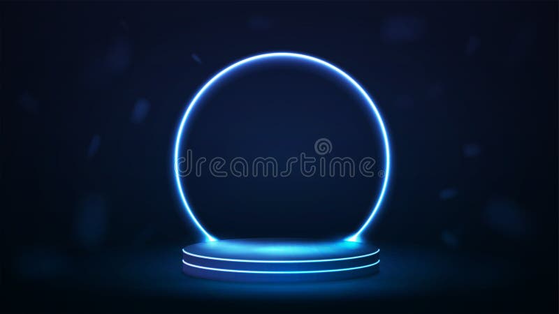 яркий подиум с неоновой круглой аркой на темно-синем фоне. платформа с блестящими полосками бесплатная иллюстрация
