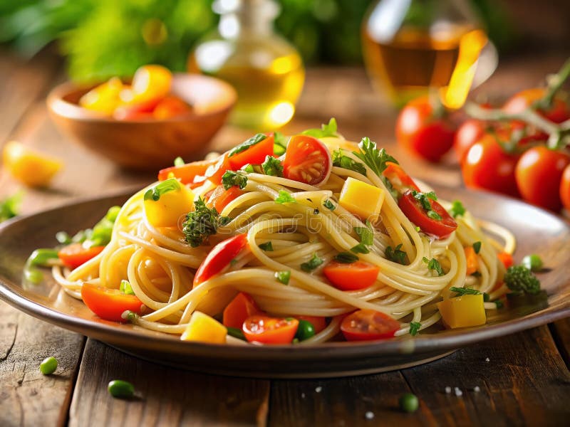 Яркий чеснок оливковое масло Spaghetti с овощами Вкусное и здоровое питание Идеально для быстрого ужина бесплатная иллюстрация