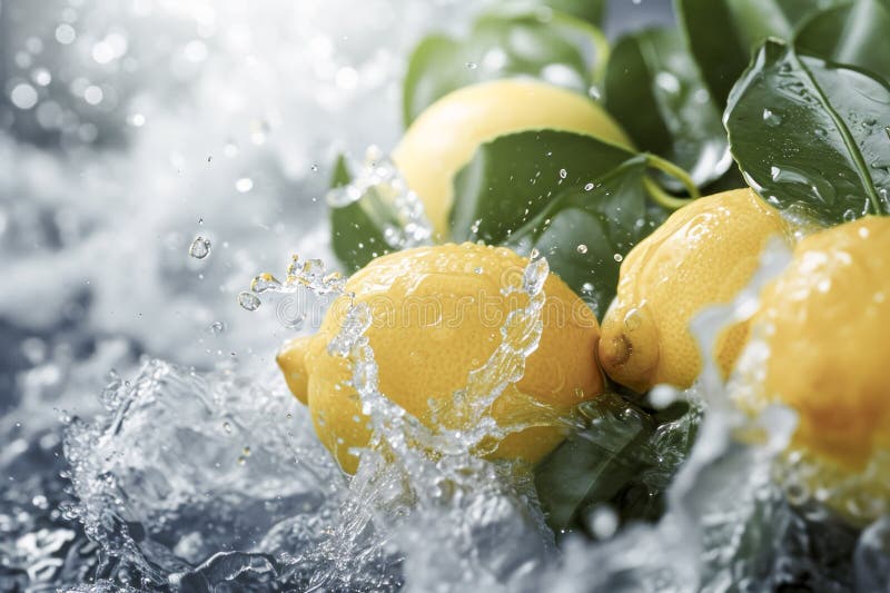 yellow lemons with green leaves, highlighted by dynamic water splashes against a blurred background, exuding freshness. yellow lemons with green leaves, highlighted by dynamic water splashes against a blurred background, exuding freshness