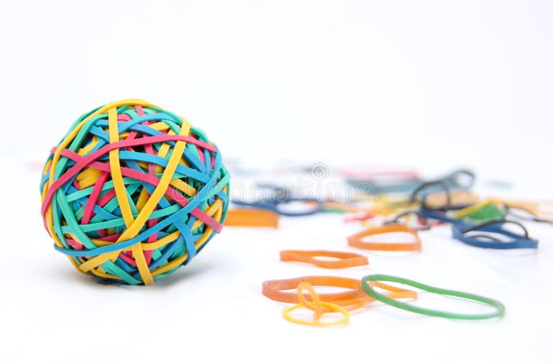Brightly coloured Rubber band Ball on white background. Brightly coloured Rubber band Ball on white background
