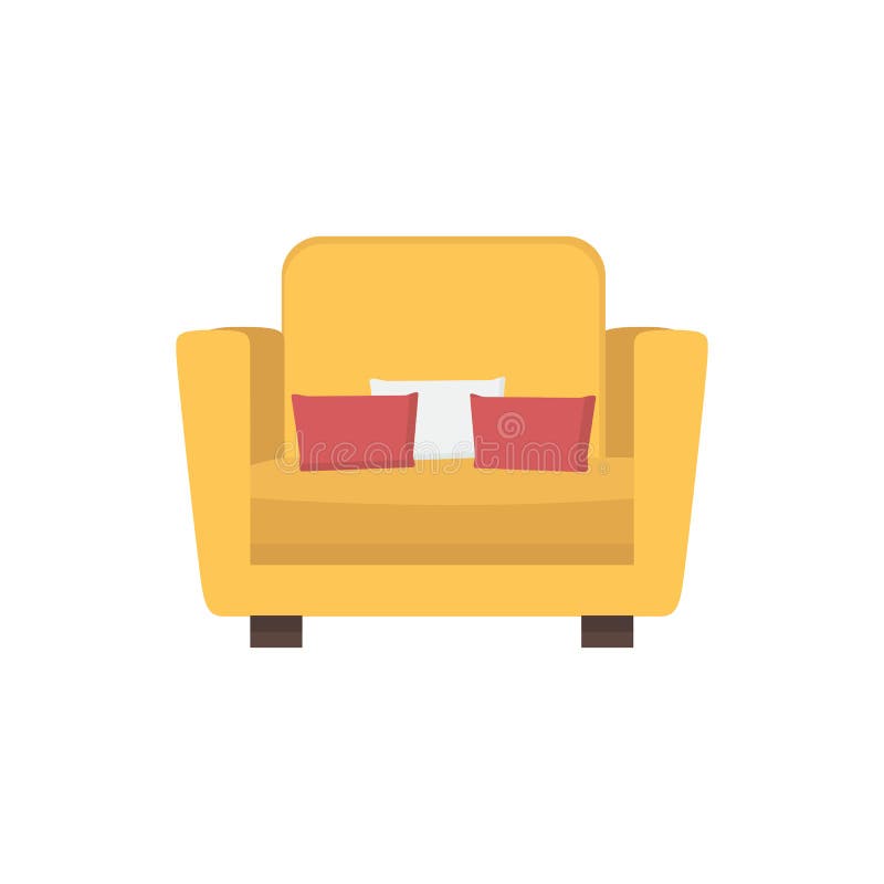 Bright yellow-orange armchair with small pillows. Comfortable furniture for living or bed room. Soft seat. Colorful flat vector illustration isolated on white background. Bright yellow-orange armchair with small pillows. Comfortable furniture for living or bed room. Soft seat. Colorful flat vector illustration isolated on white background