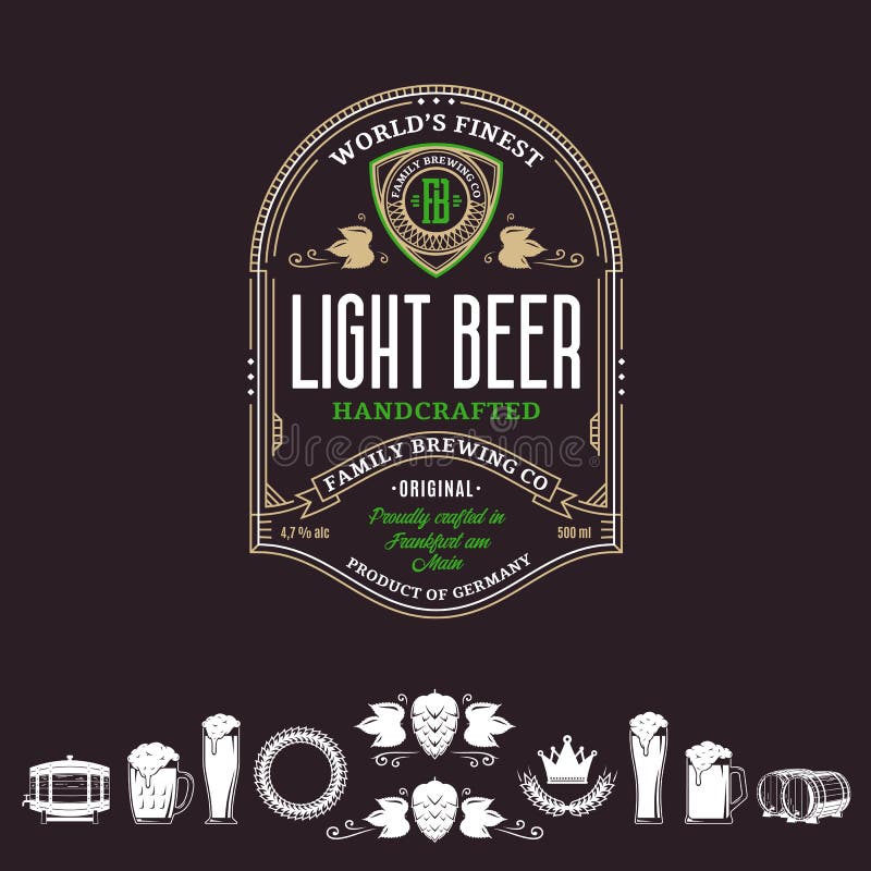 Vector vintage gold, white and green beer label and icons on a brown background for brewhouse, bar, pub, brewing company branding and identity. Vector vintage gold, white and green beer label and icons on a brown background for brewhouse, bar, pub, brewing company branding and identity