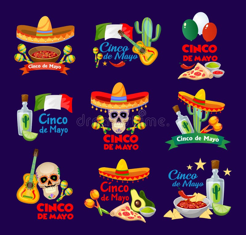 Ярлыки Cinco de mayo с традиционными мексиканскими едой и decoratio иллюстрация вектора Ярлыки Cinco de mayo с традиционными мексиканскими едой и decoratio иллюстрация вектора