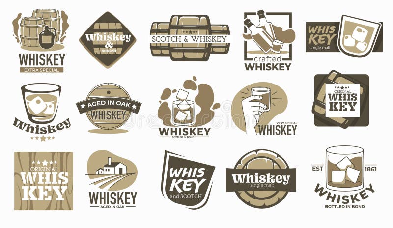 Producing whiskey beverage, aged in oak barrels for years. Labels and logotypes with inscriptions, alcoholic beverage manufacturing in countryside. Glass with ice cubes. Vector in flat style. Producing whiskey beverage, aged in oak barrels for years. Labels and logotypes with inscriptions, alcoholic beverage manufacturing in countryside. Glass with ice cubes. Vector in flat style