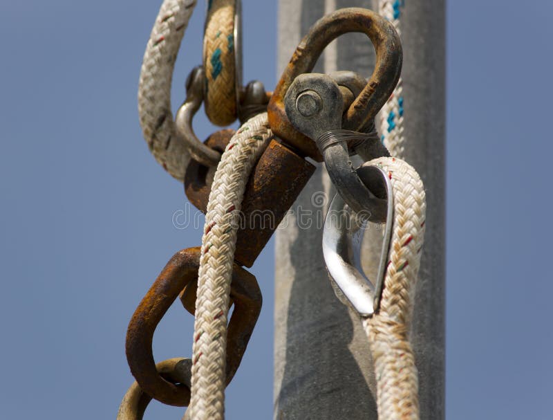 Ropes on classic sailboat - tackles on the yacht. Ropes on classic sailboat - tackles on the yacht.