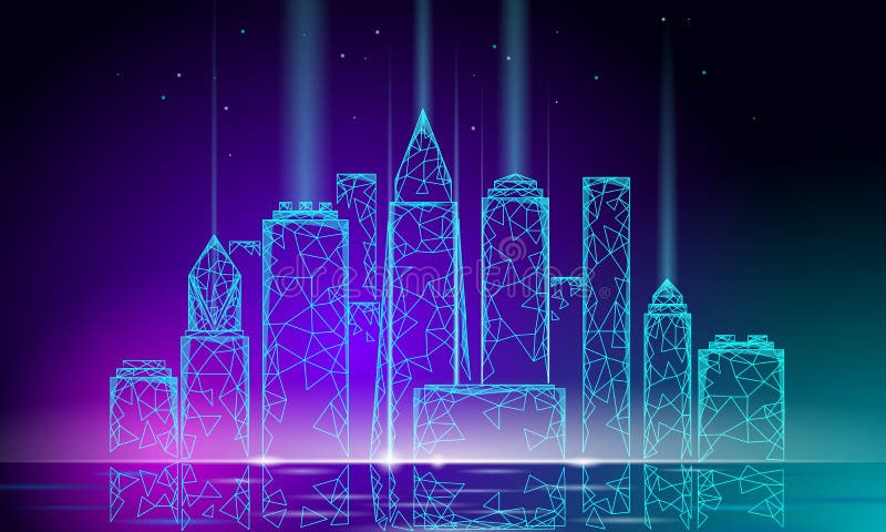 Ячеистая сеть города 3D неонового зарева умная полигональная Умная концепция дела системы автоматизации здания Отражение воды иллюстрация штока