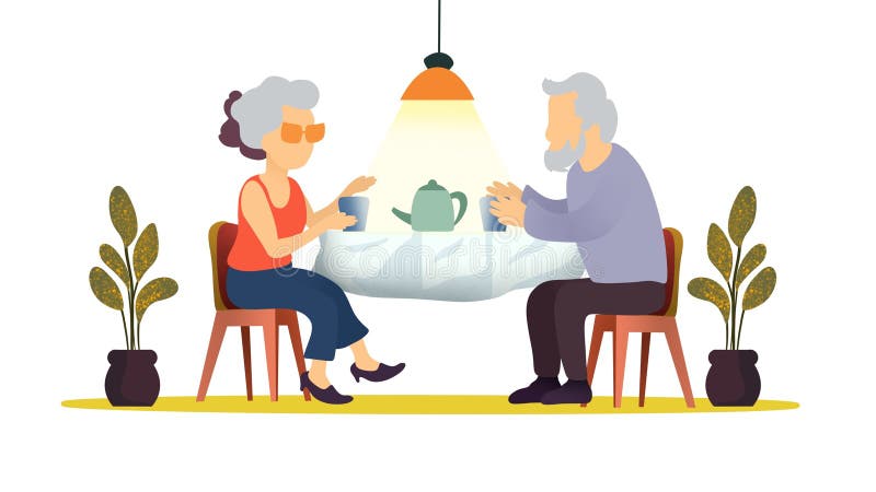 Grandmother and grandfather, Elderly couple sitting at kitchen table and drink tea or coffee together, Elderly women, friends and drink tea with friend together in nursing home, family life. Grandmother and grandfather, Elderly couple sitting at kitchen table and drink tea or coffee together, Elderly women, friends and drink tea with friend together in nursing home, family life