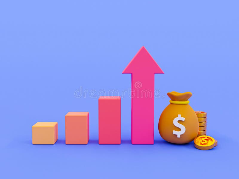 3.?? análisis de datos. finanzas en alza. moneda de refuerzo. un gráfico de barras con una flecha subiendo y dinero. stock de ilustración