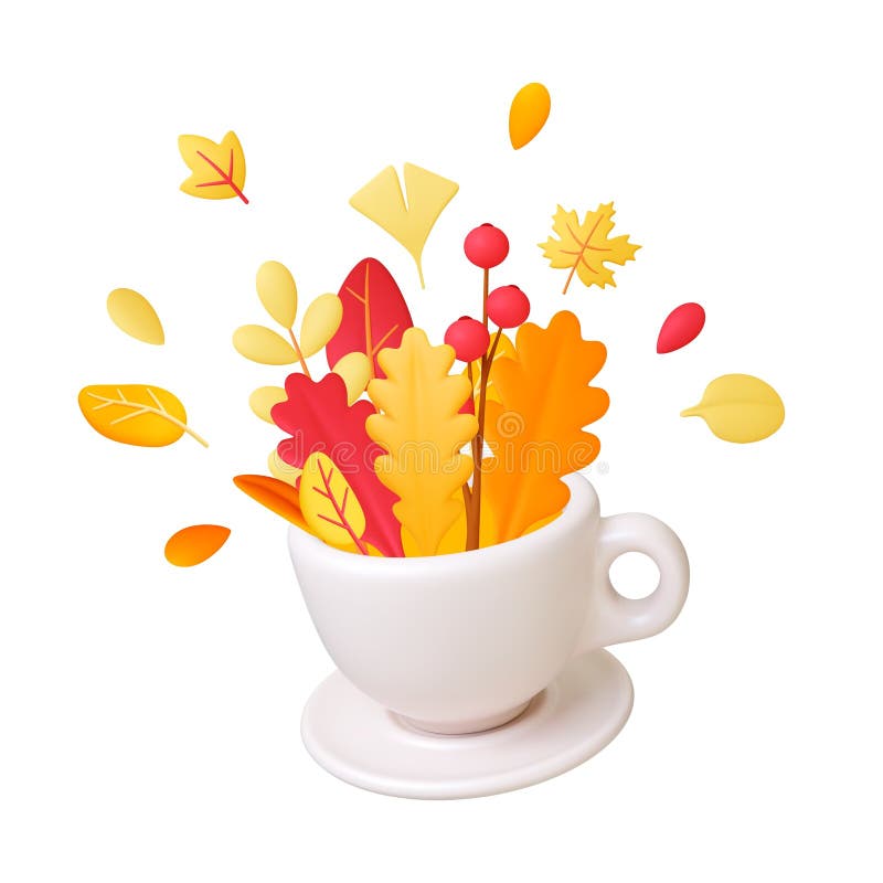 3.?? ramo en taza de café blanca en 3d. hojas de otoño y bayas hoja naranja roja amarilla. carácter estacional realista ilustración del vector