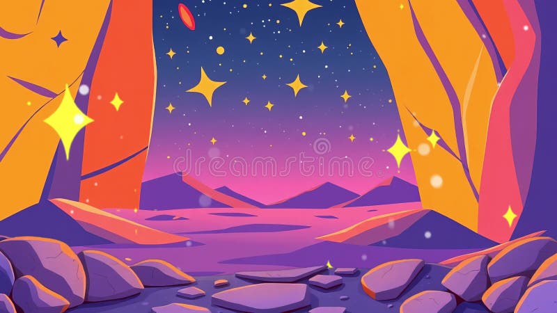 《有星的洛矶景观》 : 《神秘的日落与太空场景》 向量例证