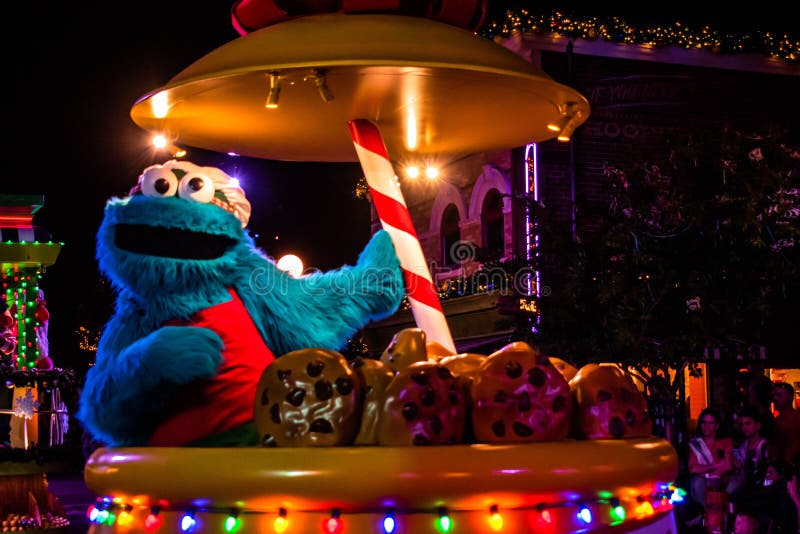 Orlando, Florida . November 23, 2019. Cookie Monster in Sesame Street Christmas Parade at Seaworld 3. Orlando, Florida . November 23, 2019. Cookie Monster in Sesame Street Christmas Parade at Seaworld 3