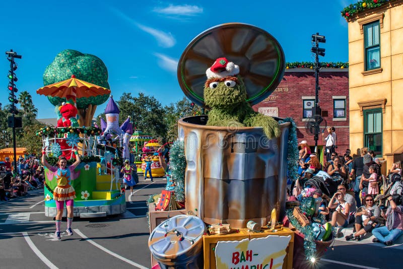 Orlando, Florida. December 07, 2019. Oscar the Grouch and Elmo in Sesame Street Christmas Parade at Seaworld 30. Orlando, Florida. December 07, 2019. Oscar the Grouch and Elmo in Sesame Street Christmas Parade at Seaworld 30