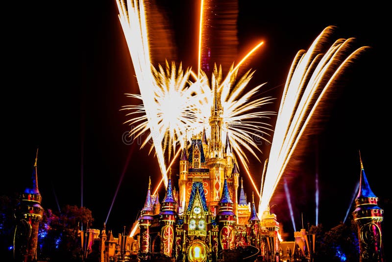 Orlando, Florida. December 05, 2019. Happily Ever After is Spectacular fireworks show at Cinderella`s Castle in Magic Kingdom 1. Orlando, Florida. December 05, 2019. Happily Ever After is Spectacular fireworks show at Cinderella`s Castle in Magic Kingdom 1