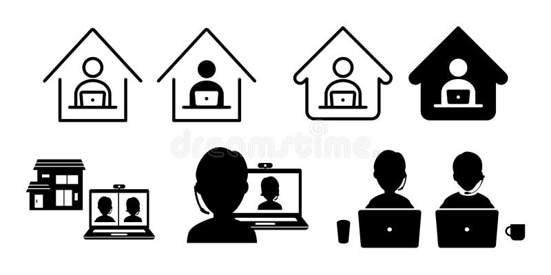 Teleworking from home work remote vector icon set illustration black and white vector illustration