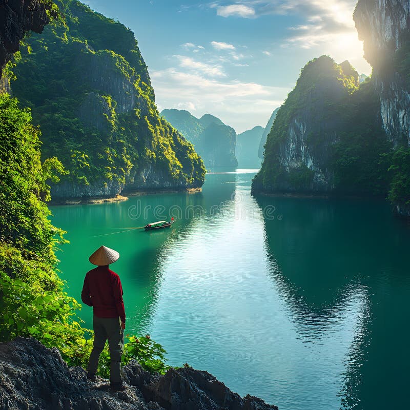 一个亚洲风格的男人站在岩石上，望着海洋的清澈水. 海岩的美丽景色 向量例证